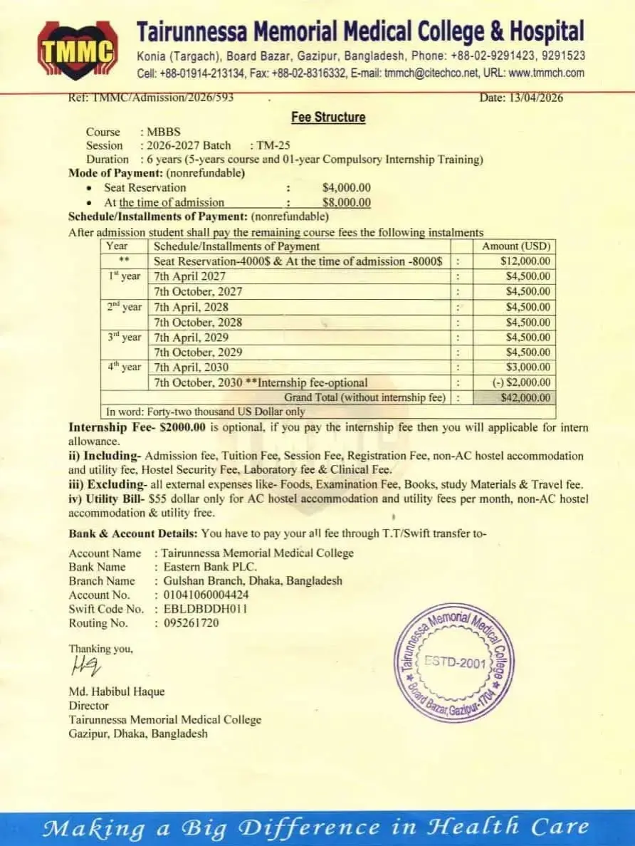 Tairunnessa Memorial Medical College and Hospital Fees 2026–27